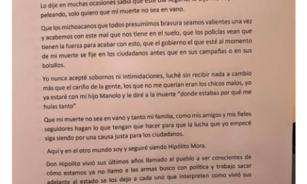 Publican Carta Póstuma de Hipólito Mora
