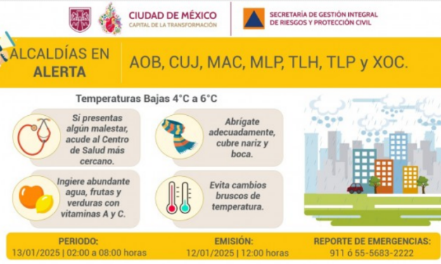 Con frío de 4 a 6 grados amanecerá parte de la CDMX el 13 de enero: SGIRPC